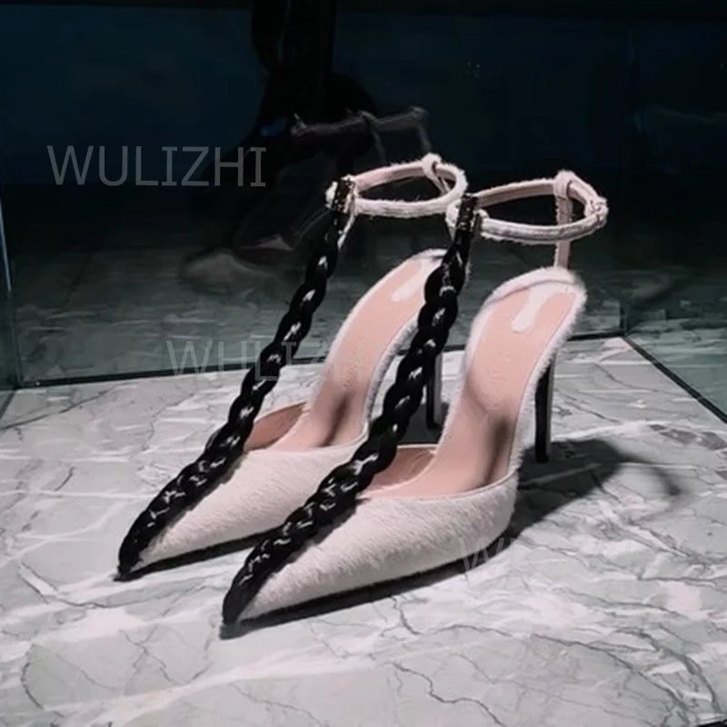 White Suede Woven With Canvas Chain Detailing Sandals for Women