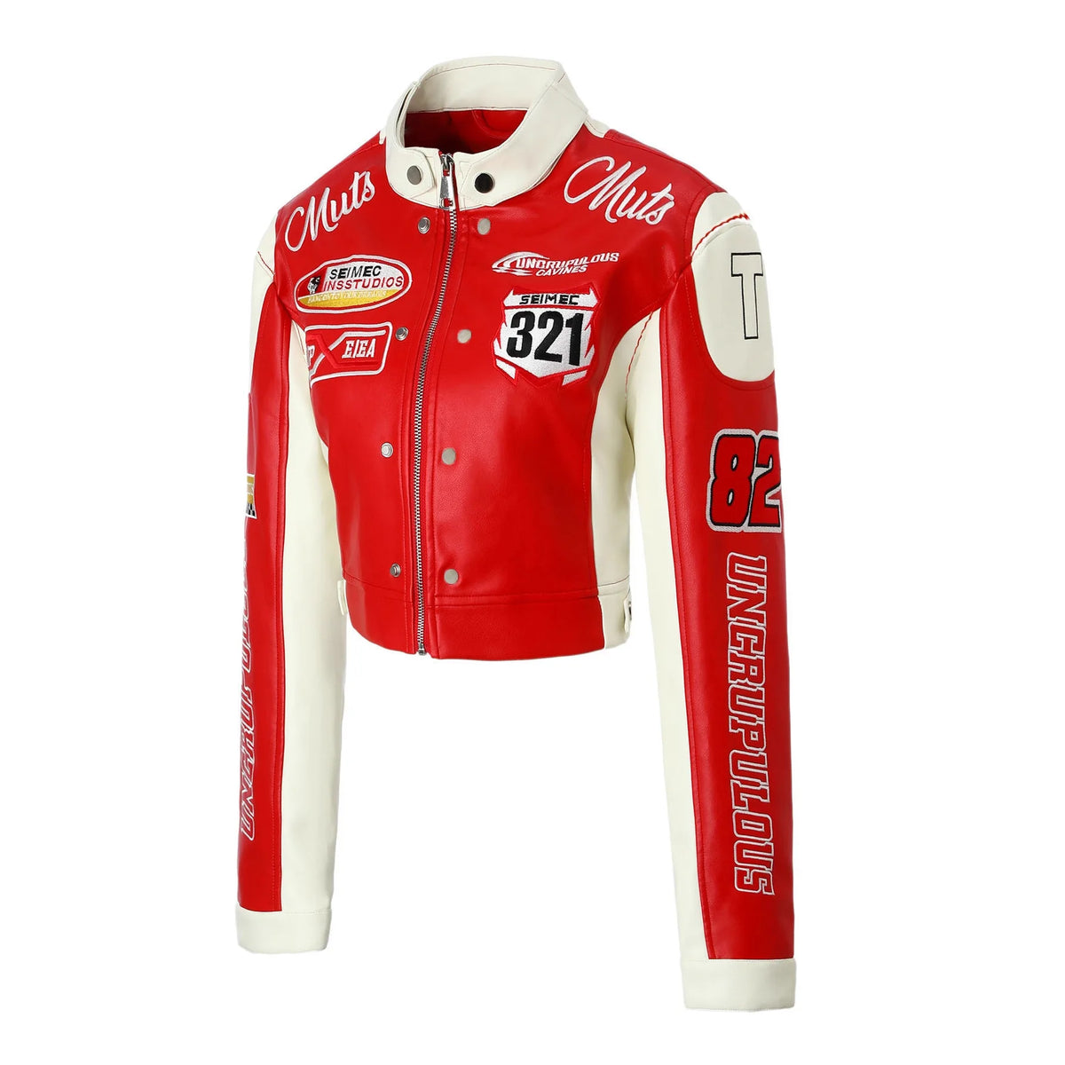 Contrasting Color Embroidered PU Leather Jacket for Women