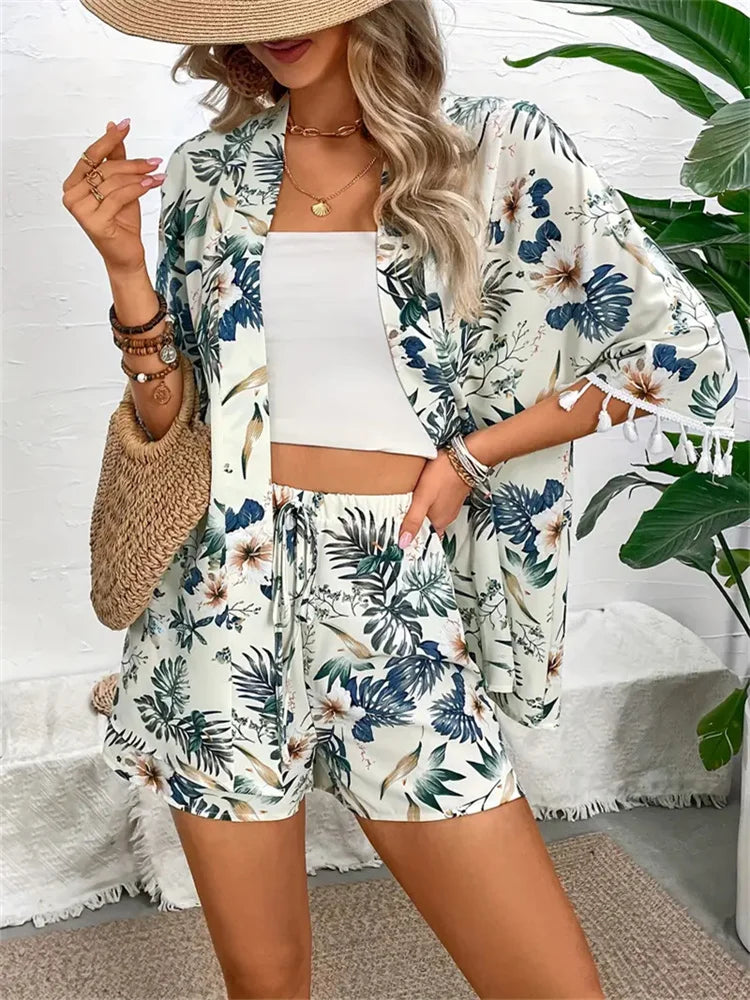 Two Piece Set For Women Outfits Open-front Cardigan Smock Flower Printed Beach Shorts Summer Suits Female Clothing Beachwear