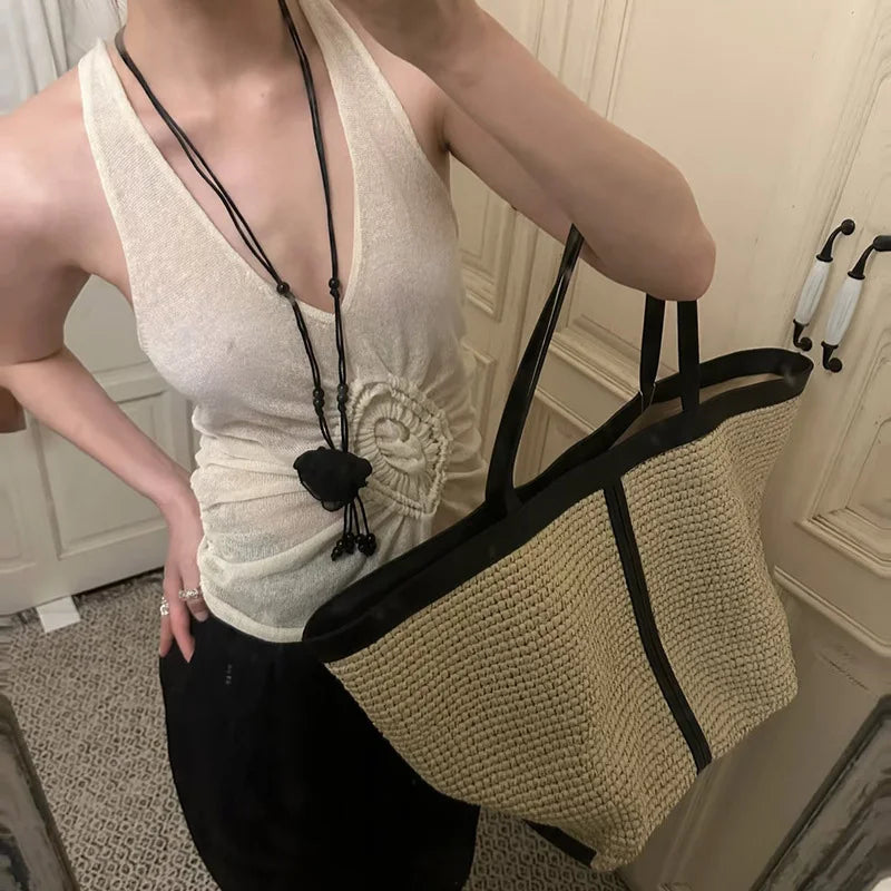 New Brand Woven Women's Tote Bag Large Capacity Splice Versatile Woven Beach Bag Fashion Single Shoulder Straw Bag Underarm Bag