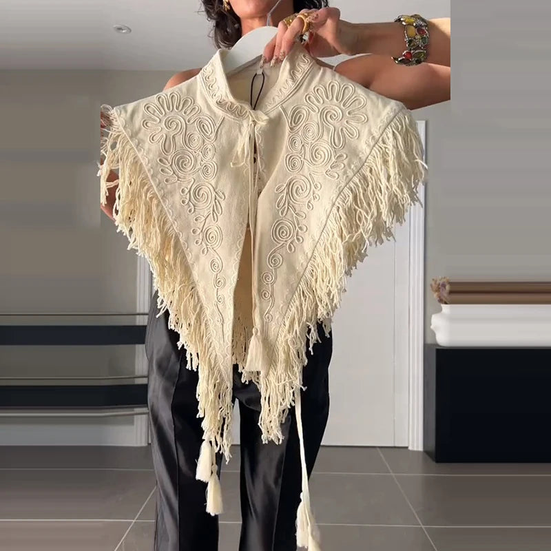 Soft Textured Embroidered Tassel Fringe Shawl For Women