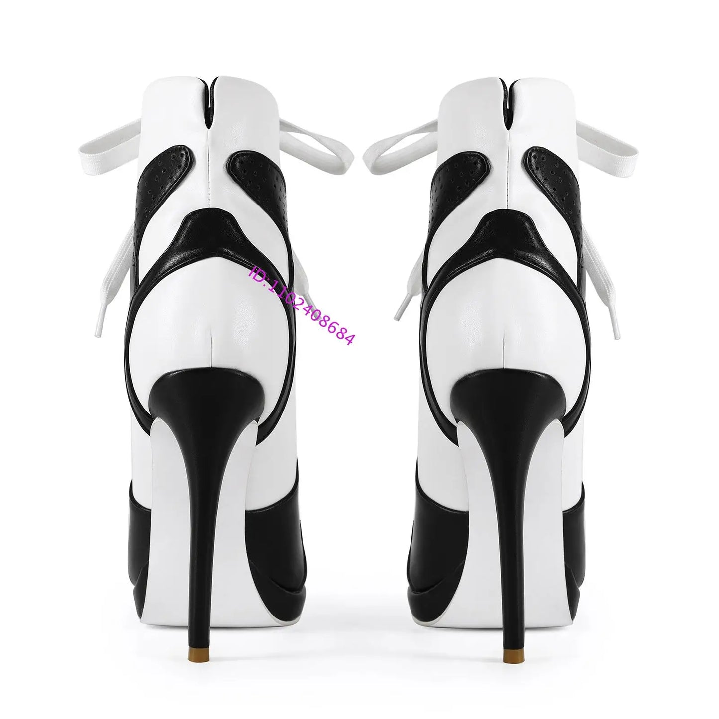 Plus Size Black White Lace-Up Stiletto Mid-Calf Boots For Women