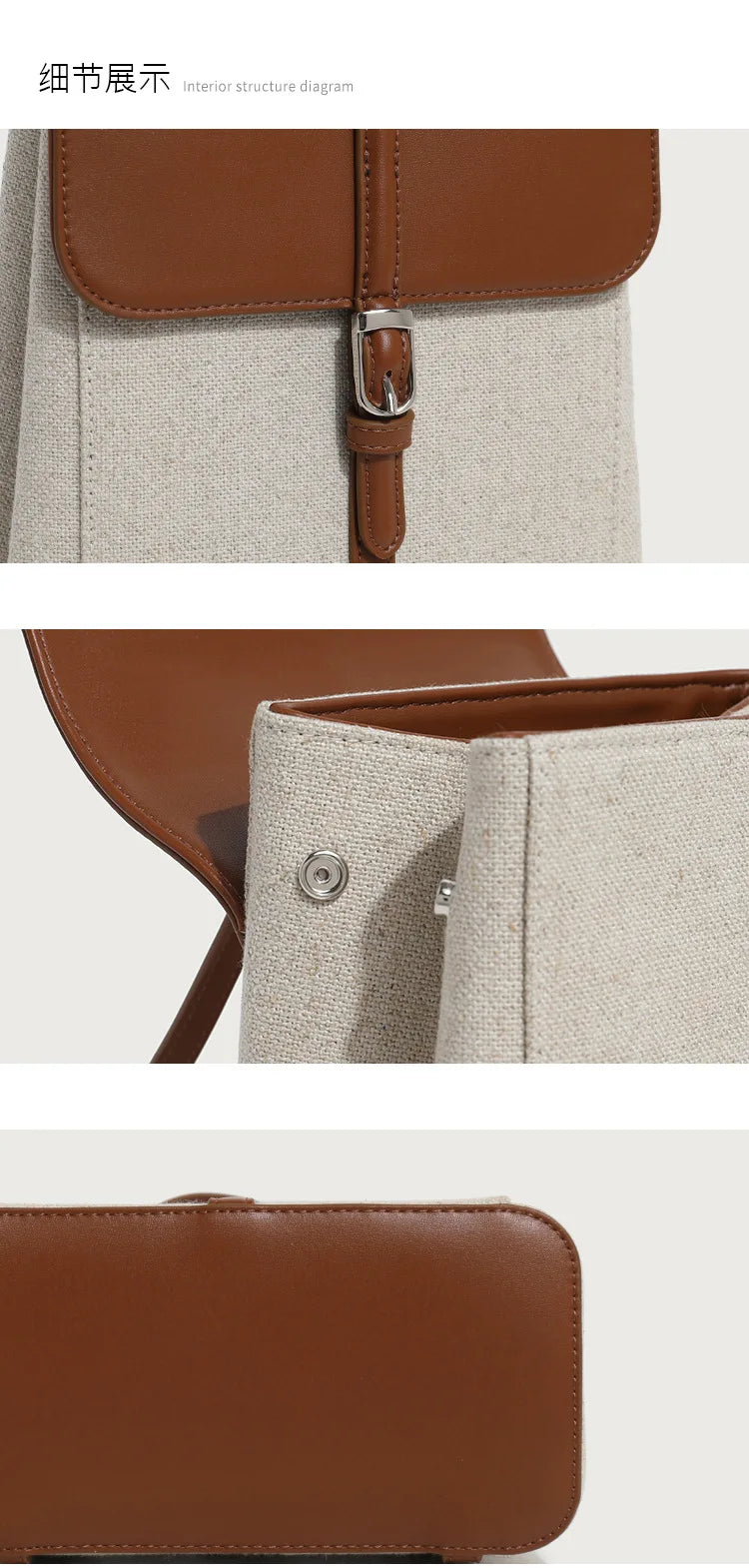 Summer new casual vacation style cowhide spelling linen shoulder bag French loose sense of backpack large capacity schoolbag