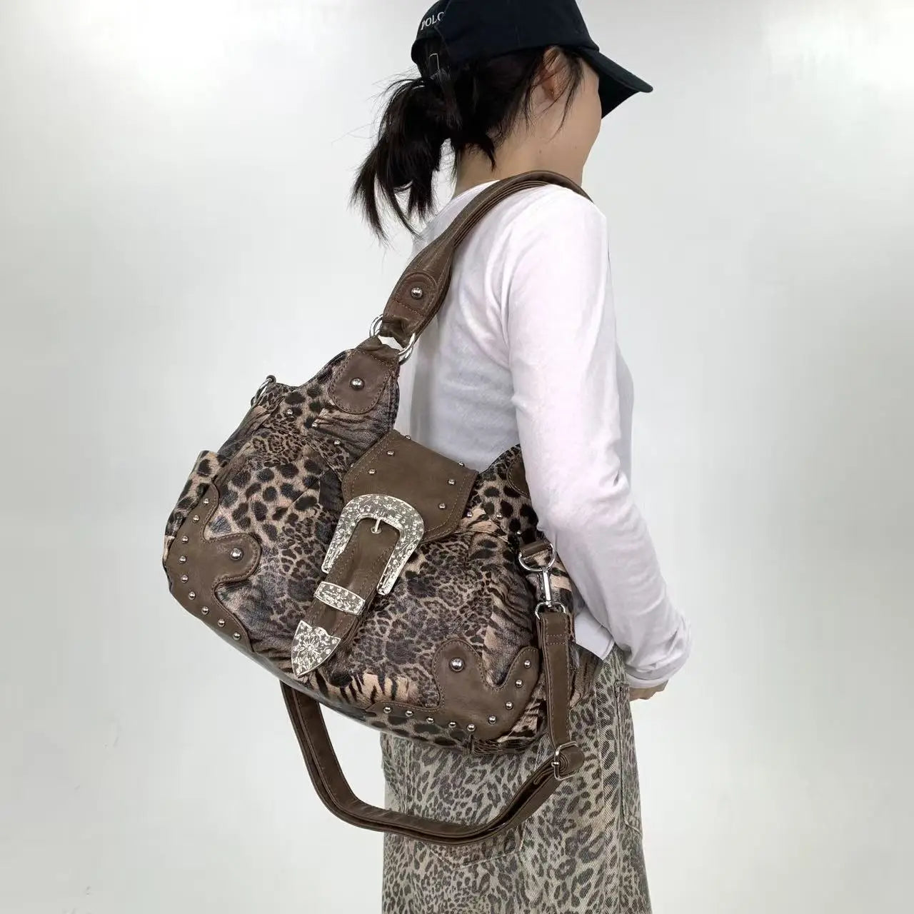 Leopard Print Patchwork Tote Bag with Pockets for Women