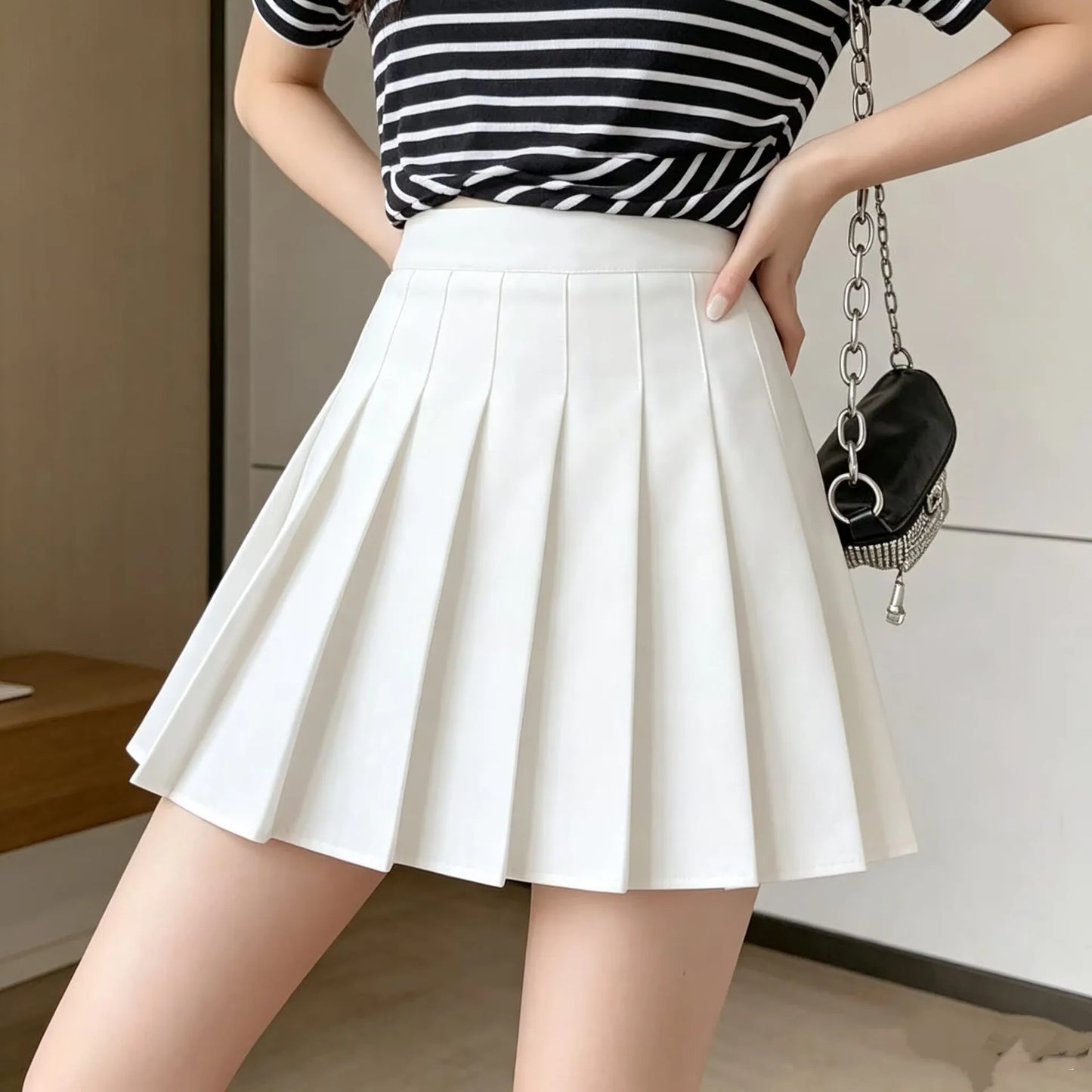 White High Waist Pleated Mini Skirt With Built In Shorts For Women