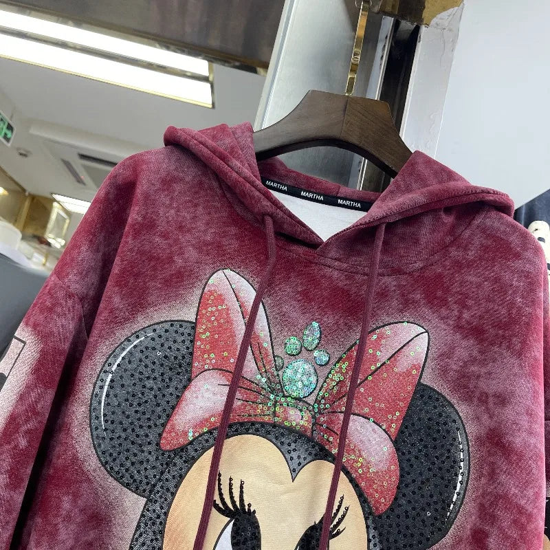2025 Autumn Winter Heavy Industry Sequin Cartoon Loose Sudaderas Fashion Hoodie Women's Autumn Winter Hooded Pullover Sweatshirt