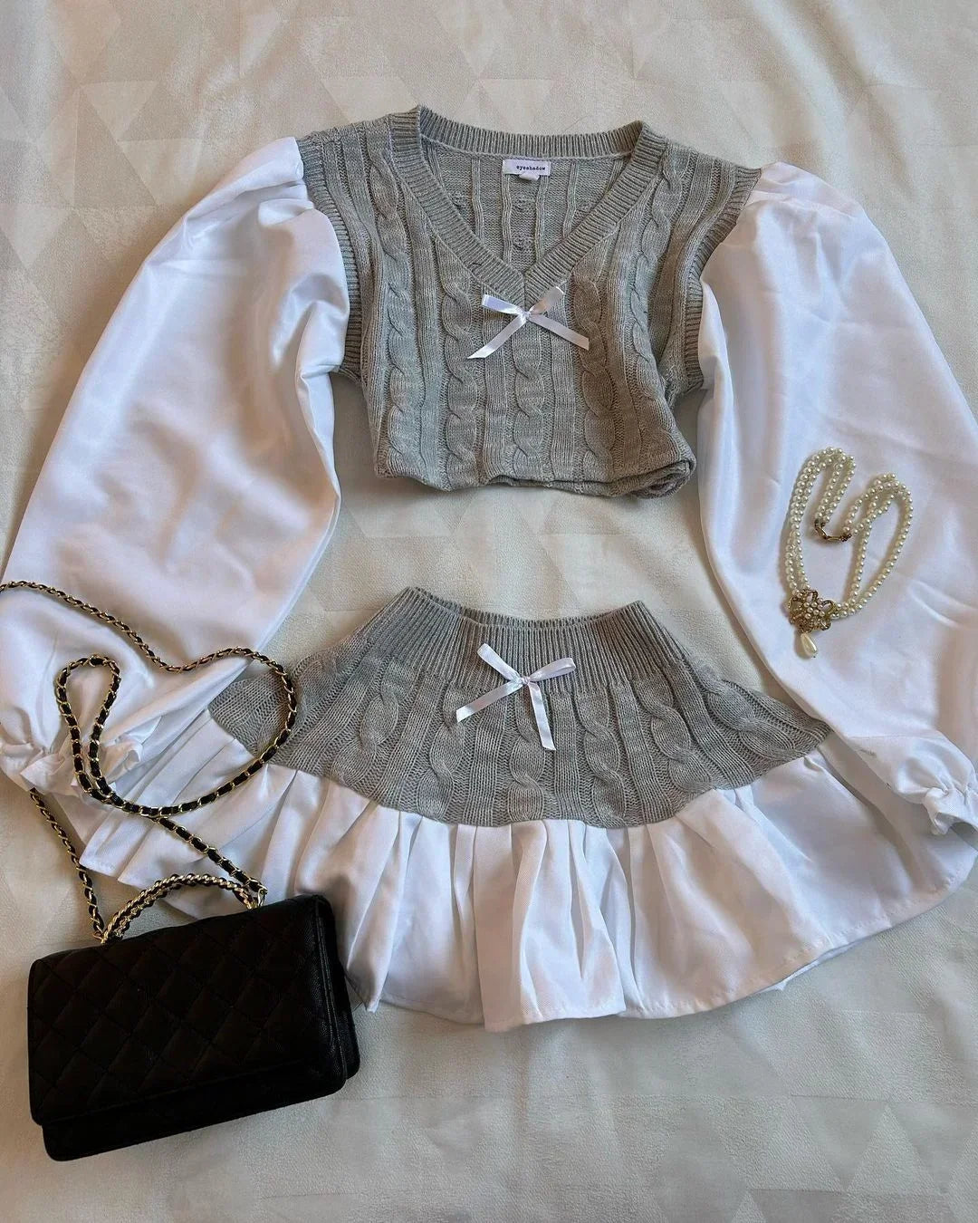 Harajuku Bow Patchwork Knit Set