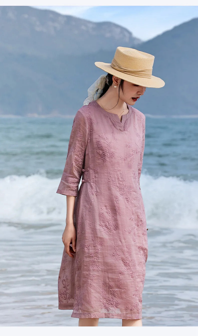 Elegant Embroidered Ramie Linen Knee Length Dress for Women