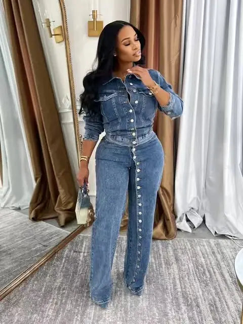 Denim Jacket And Straight Leg Pants Set