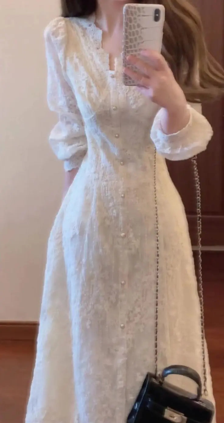 Elegant Lace Embroidered A-Line Dress with Long Sleeve for Women