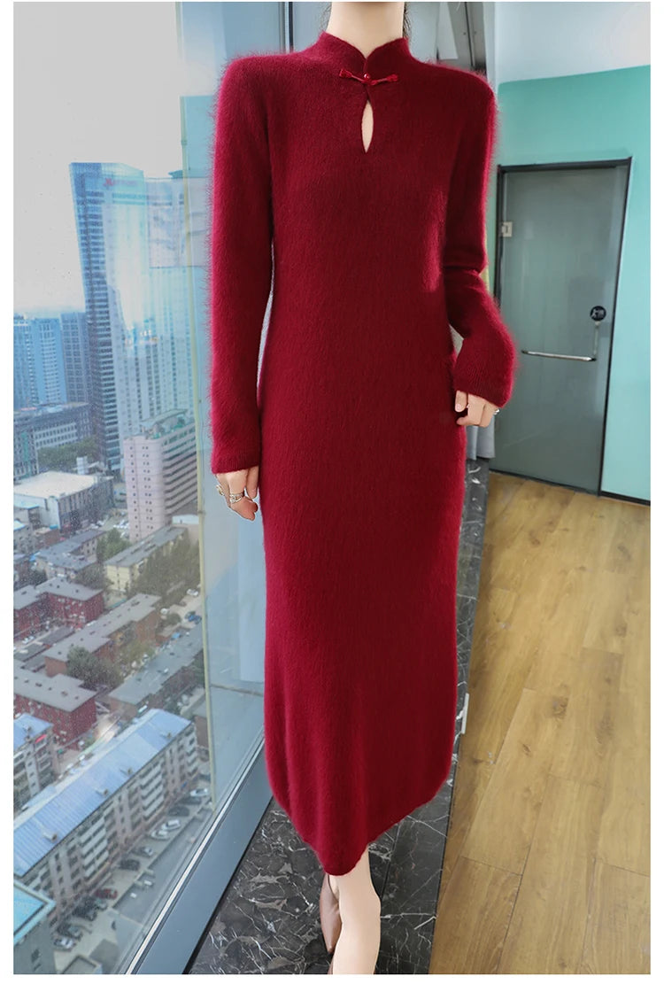 Cashmere Knit Dress with Stand Up Collar and Buckle for Women