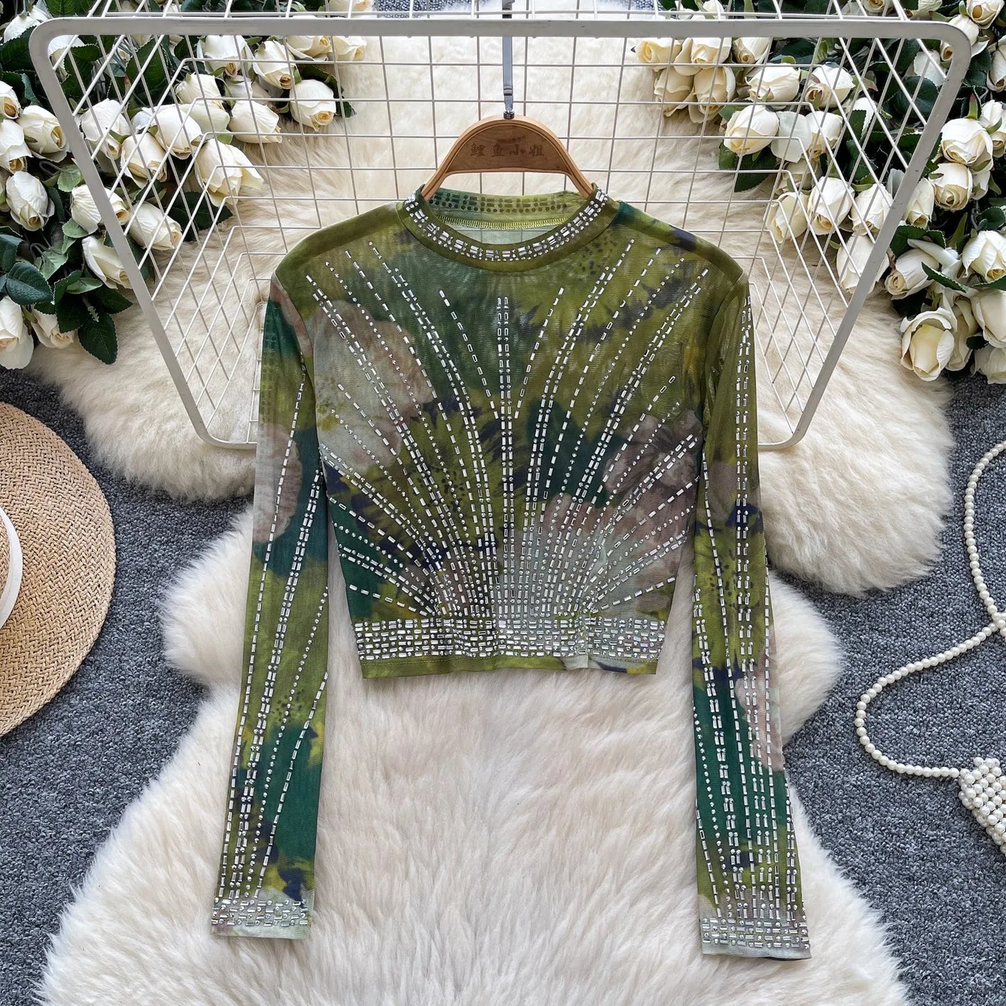 Leopard Print Rhinestone Mesh Long Sleeve Crop Top for Women