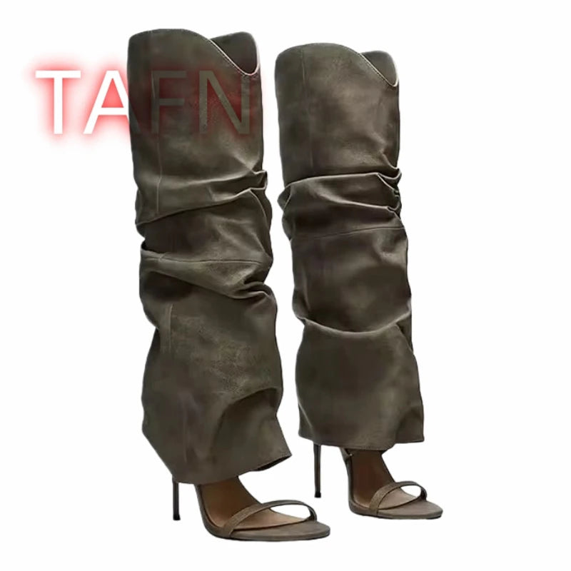 Pleated Knee High Boots Open Toe One Strap High Heel for Women