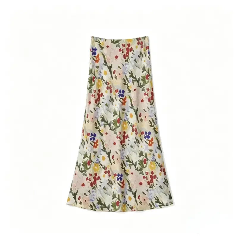 High Waist Painterly Print Satin Midi Dress For Women