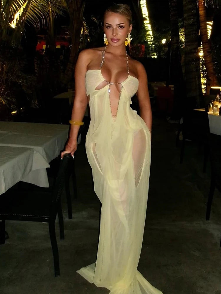 See-Through Halter Chain With Sleeveless Low-Neck Backless Gown for Women