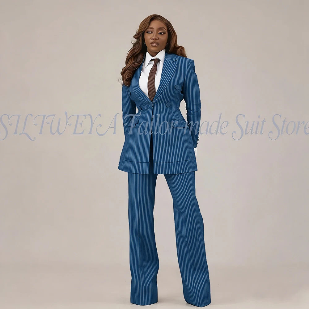 Slim Fit Brown Striped Blazer Set With Pants For Women