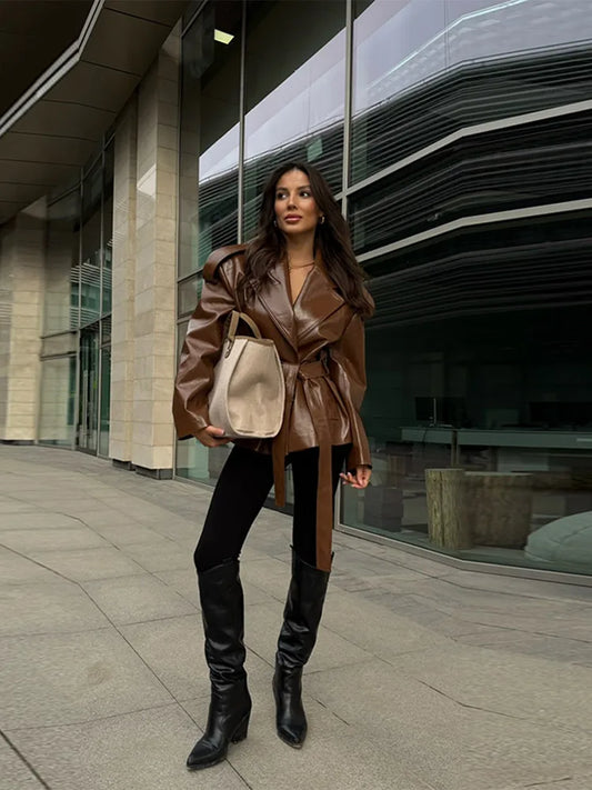 2025 Autumn Women's Jacket Vintage Laple Brown PU Leather Belt Pockets Jackets Female Fashion New Winter Loose Lady Streetwears