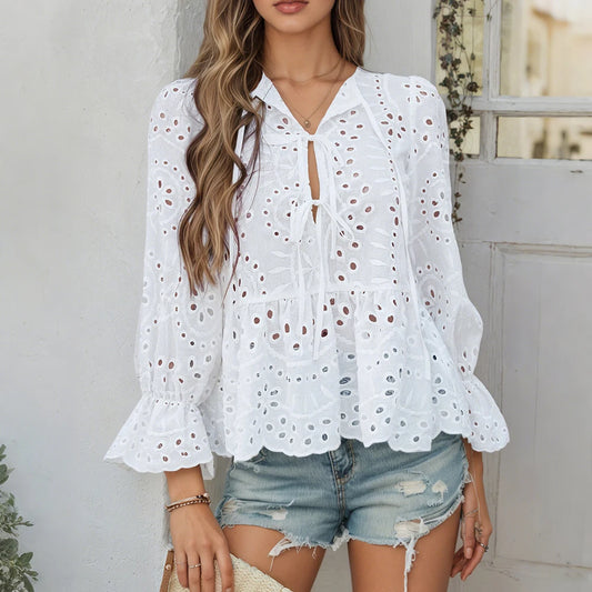 Women's Solid Boho Hollow Out Lace Up Lantern Sleeve Ruffle Blouse Autumn Ladies Casual Loose Holiday Vacation Tops Size S-2XL