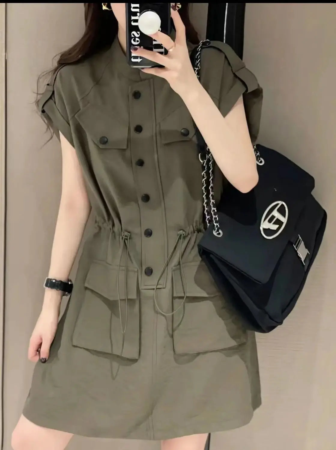 European Retro Stand Collar Drawstring Midi Dress for Women