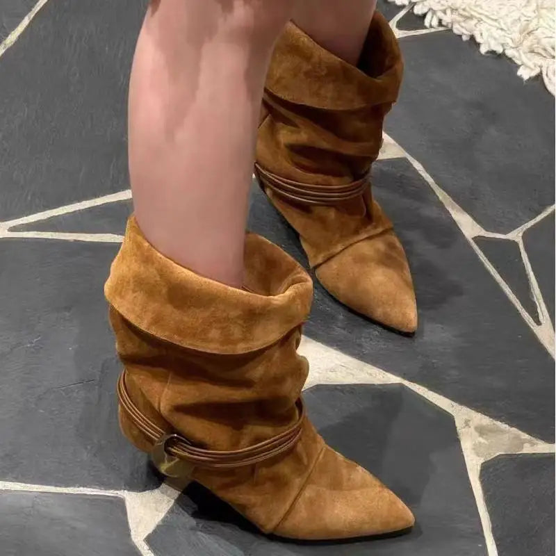 Vintage Stiletto Low Heel Boots Women's Fashion Brand Pleated Ankle Boots Brown Pointed High-end Texture New Cowboy Boots Shoes