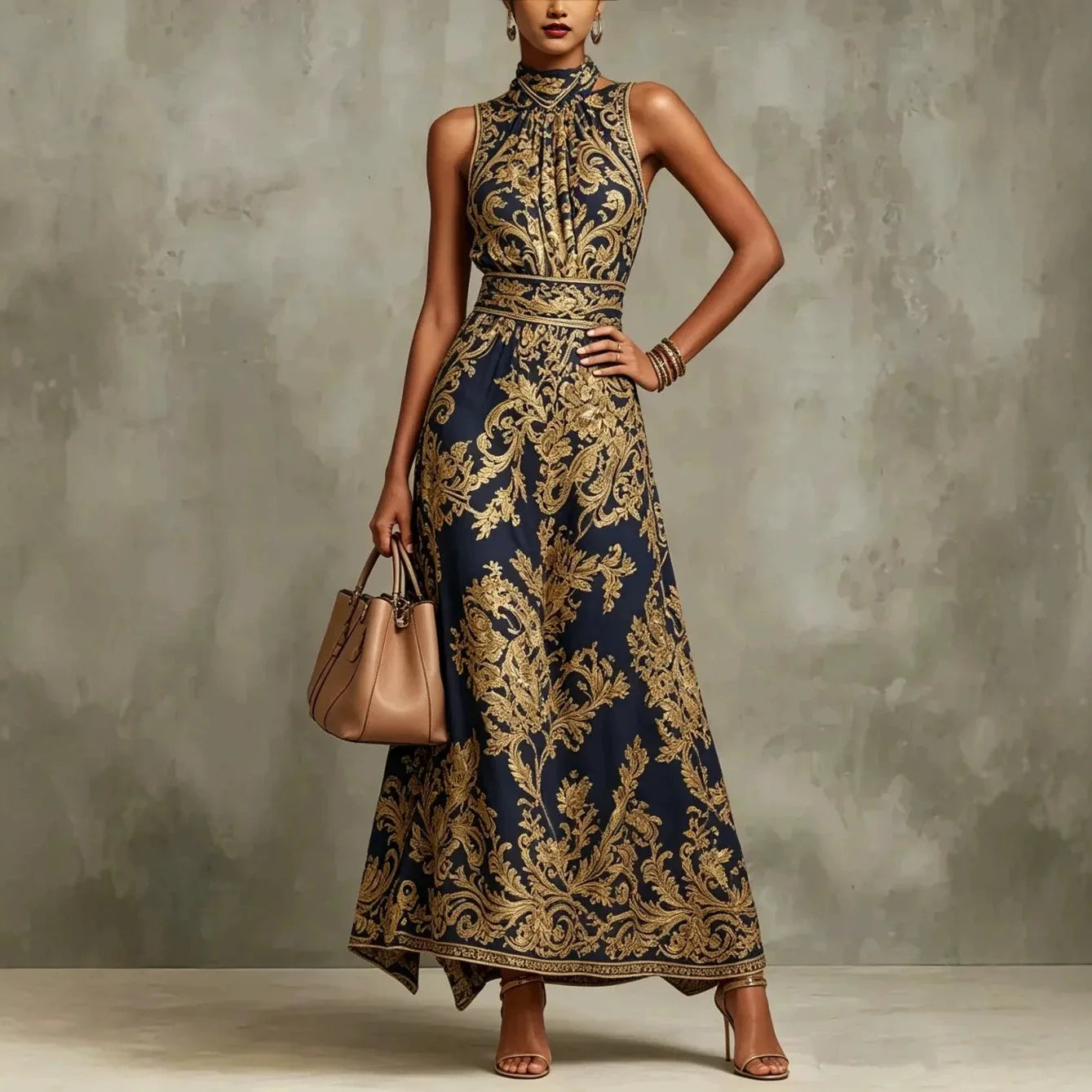 Elegant Baroque Print Halter Neck Maxi Dress for Women