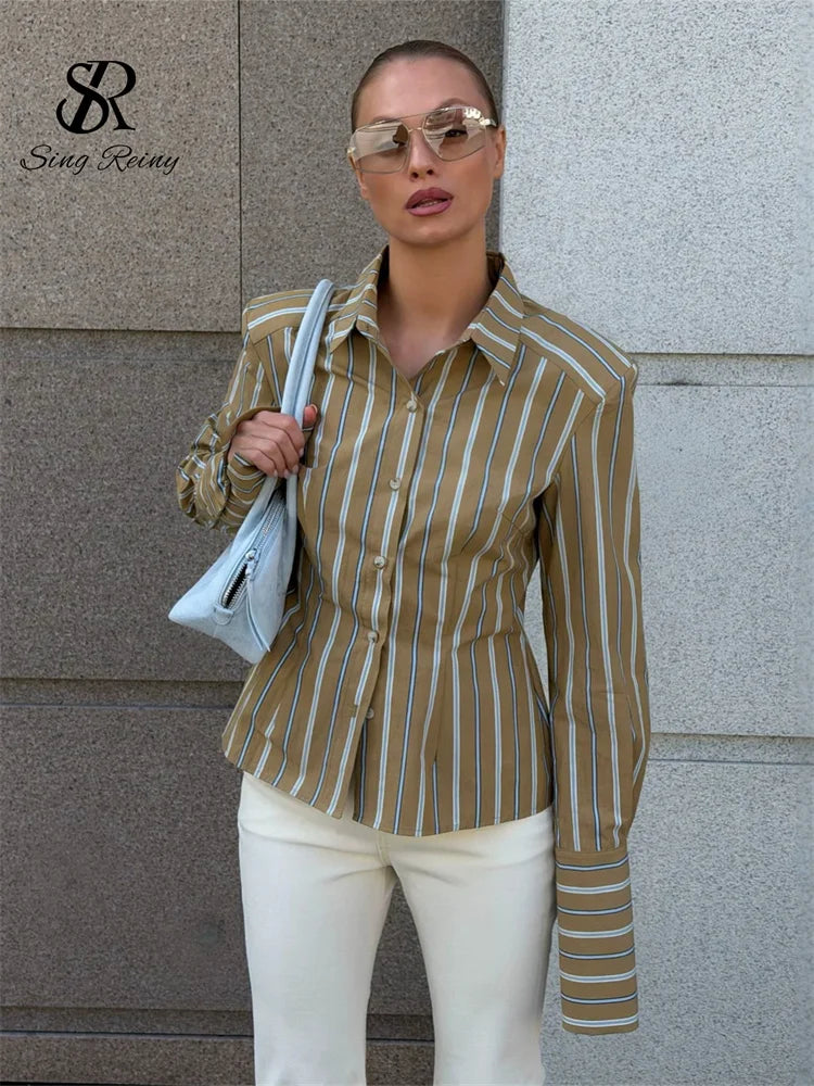 French Retro Striped Button Up Long Sleeve Blouse for Women