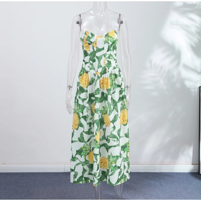 Printed Strapless Long Backless Dress With Pockets For Women