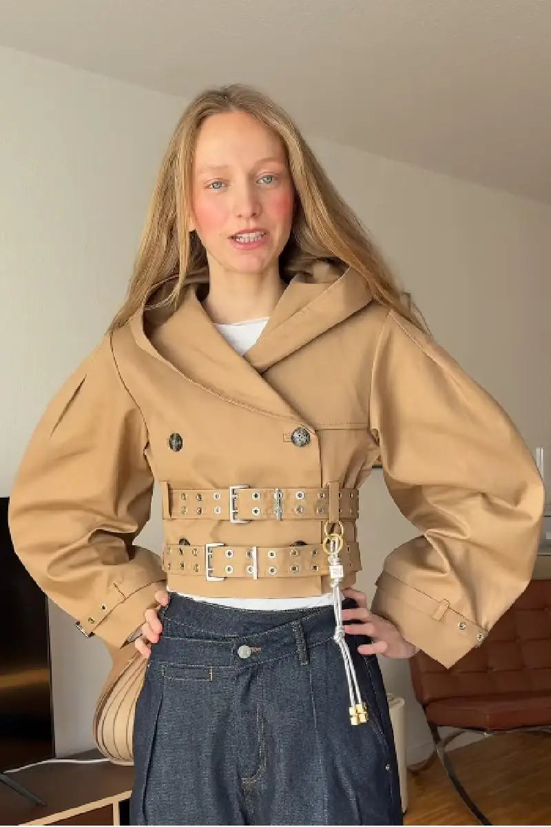 Chic Punk Trench Coat For Women Full Sleeve Loose Hooded Crop Jacket Lapel Bat Sleeve Long Coats 2025 New Lady Y2k Fall Outwears