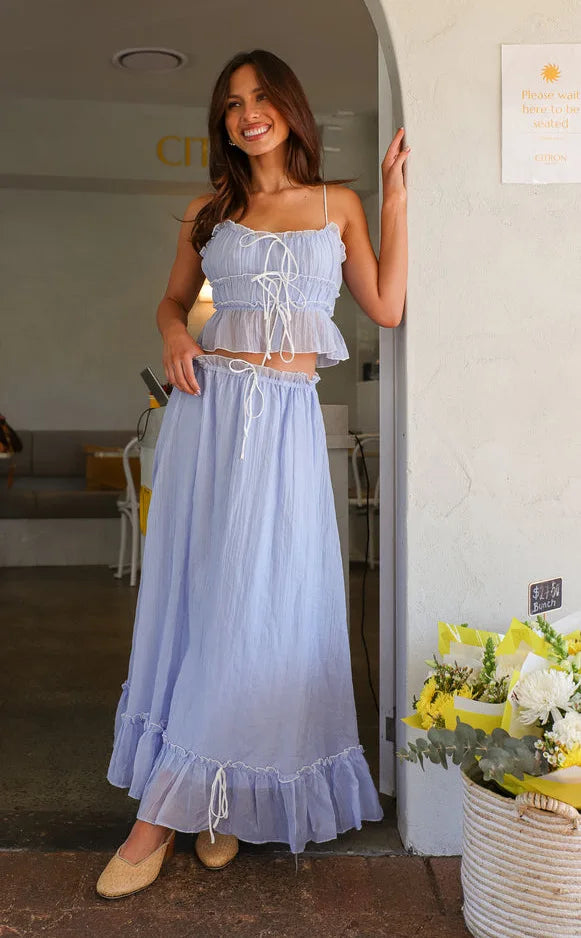 Pleated Bow Suspender Top and Skirt Two Piece Set for Women