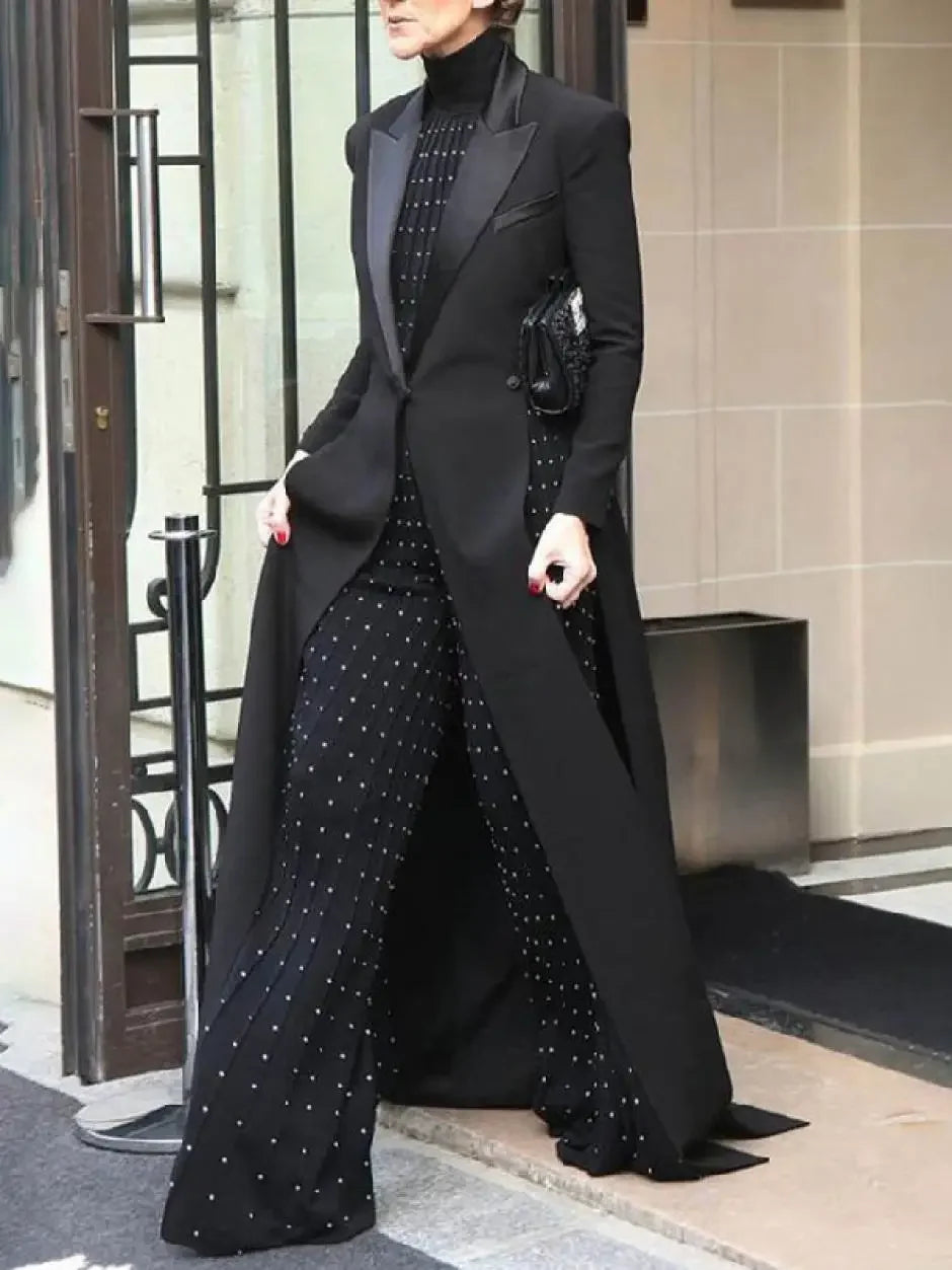 Bonboho 2026 Women's Elegant Blazer Jacket Solid Black Slim Long Sleeve Extra-Long Splited Blazer Coat Female Formal Outerwear
