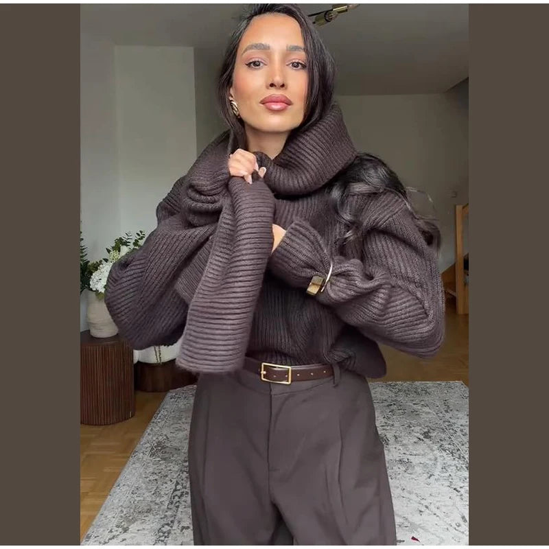 Women 's Sweater Elegant Scarf O-neck Knitted Thicken Full Sleeve Pullovers Female 2025 New Autumn Winter Woman Jacket Knitwear