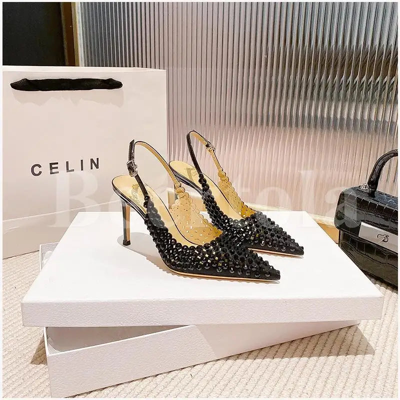 New Rhinestones Woman Sandals Diamond Pointed Toe Shallow Thin High Heels Back Strap Stilettos Female Wedding Bride Sandals