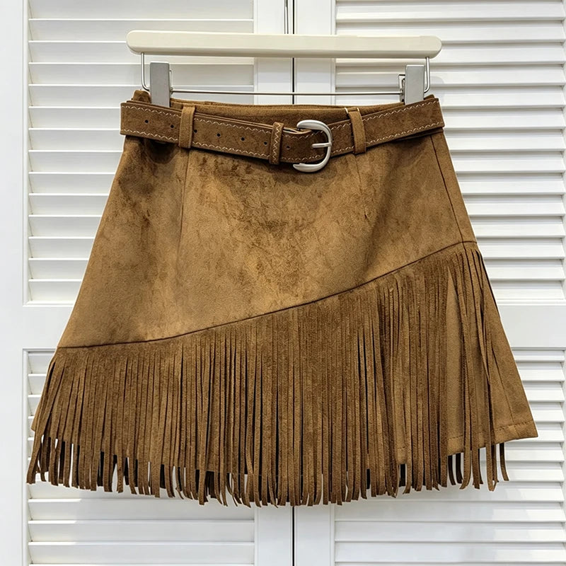 Vintage Brown Irregular Hem Faux Suede High Waist Mini Skirt For Women