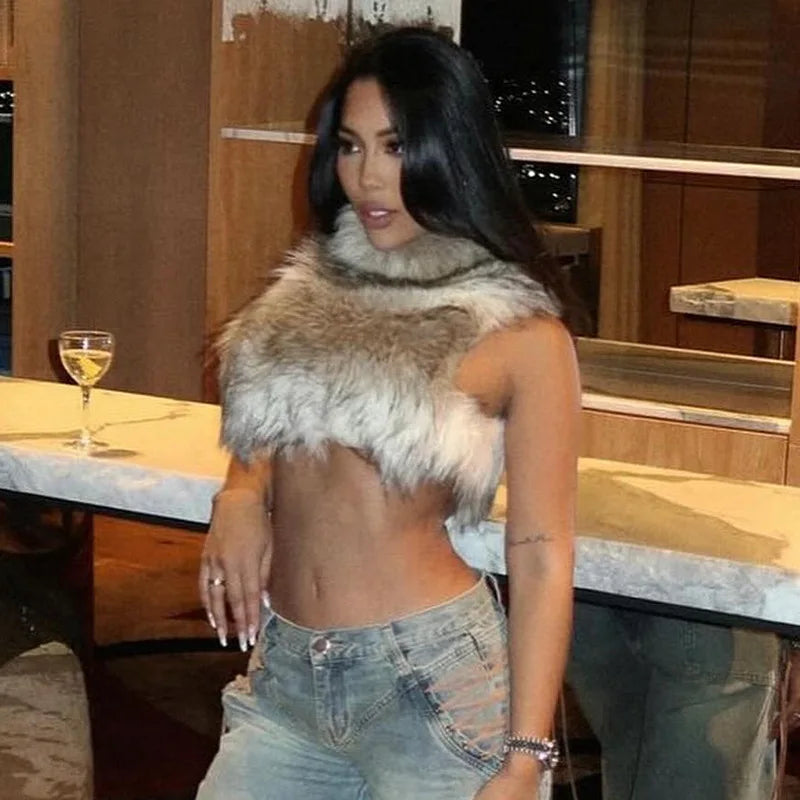 Autumn Fur Patchwork Backless Zipper Crop Top for Women