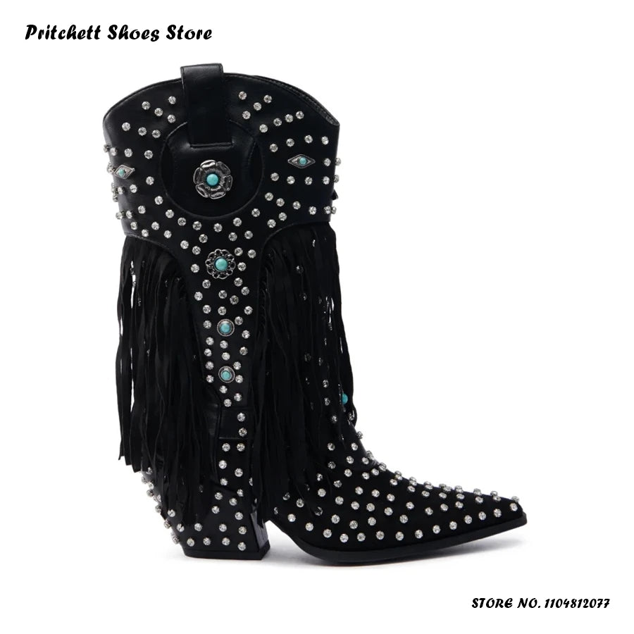Crystal Embellished Fringe Pointed Toe Leather Wedge Boots for Women