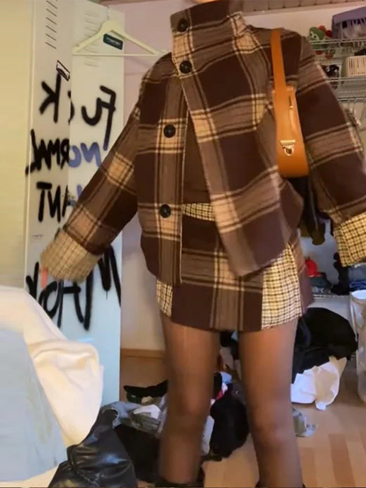 Elegant Chic Loose Fit Grid Coat and Skirt Set for Women