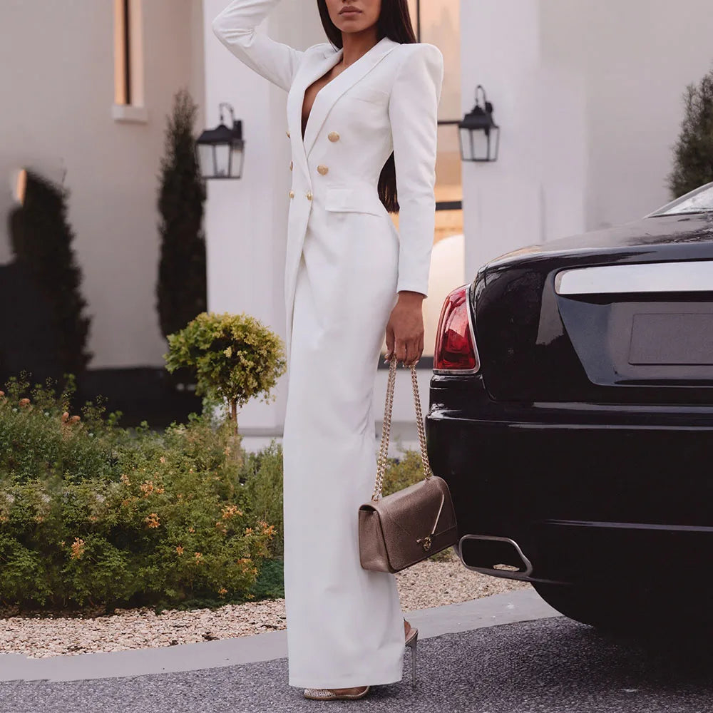 Elegant Double Breasted Tailored Long Blazer For Women