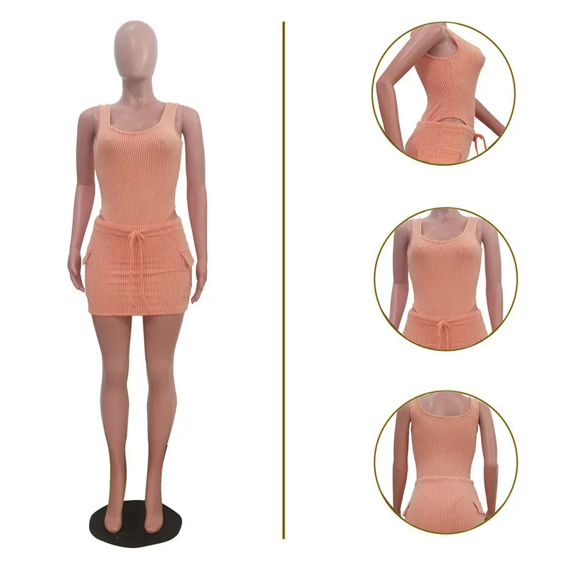 Ribbed Knit Tank Top And Mini Skirt Outfit for Women