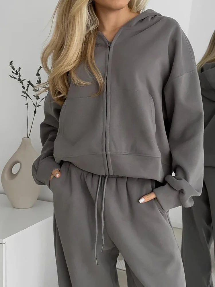 Casual Hooded Jacket and Wide Leg Pants Set for Women