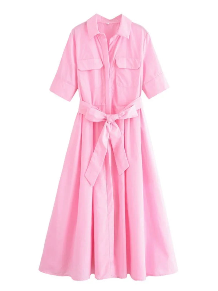 Lapel Casual Pockets Short Sleeve Shirt Dress for Women