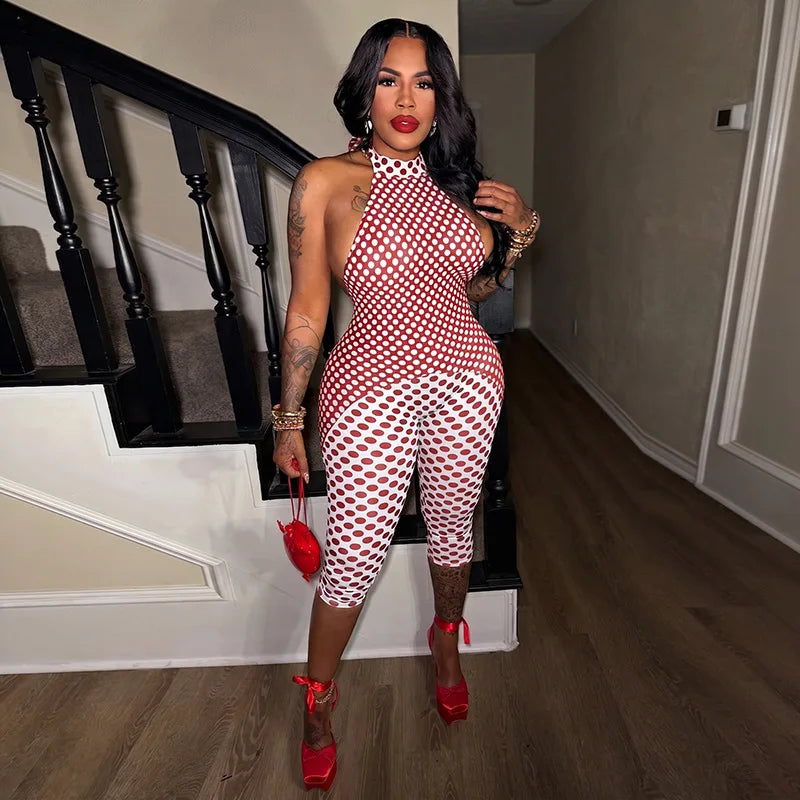Patchwork Polka Dot Halter Bodycon Romper for Women