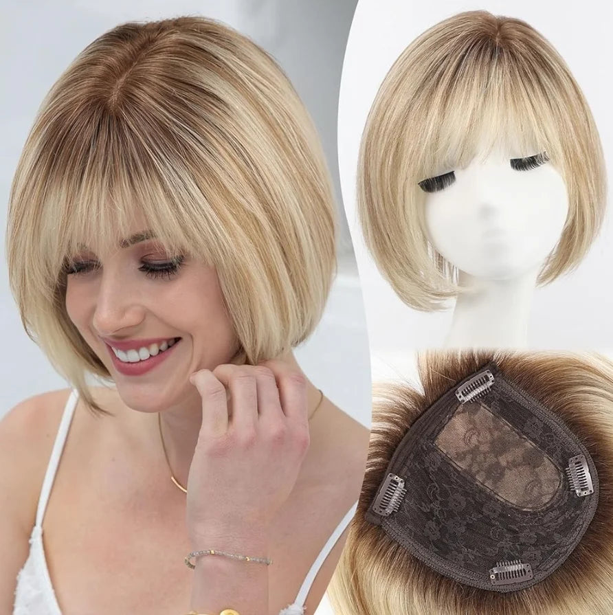 Silver Gray Remy Human Hair Topper With Bangs For Women
