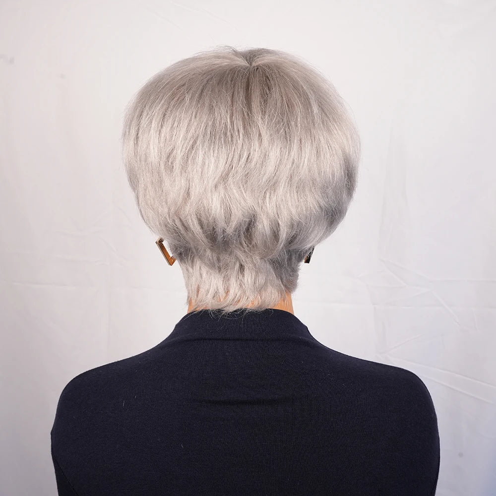 Grey Pixie Cut Human Hair Wig With Bangs For Women