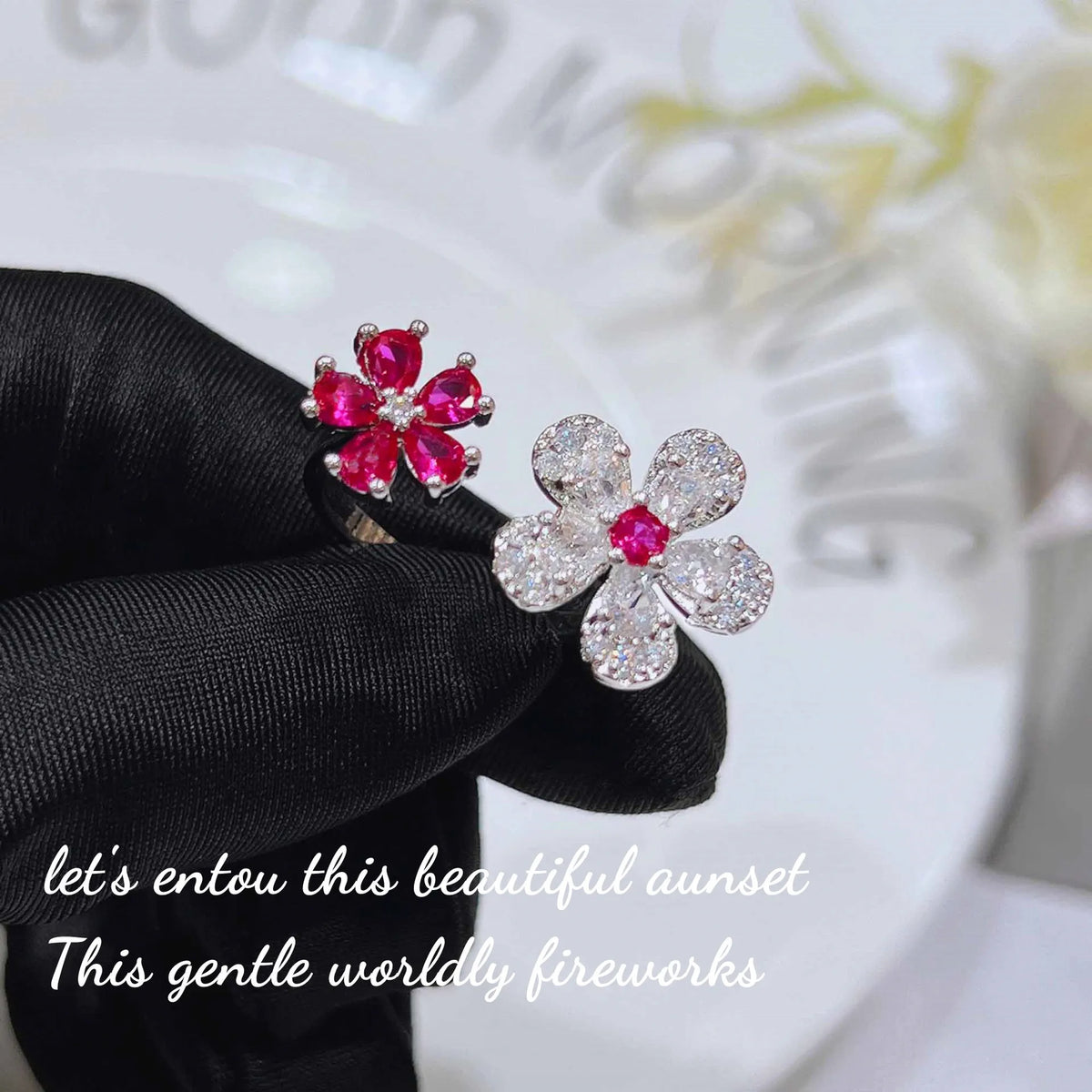 Cherry Blossom Zircon Necklace, Earring, and Ring Set for Women