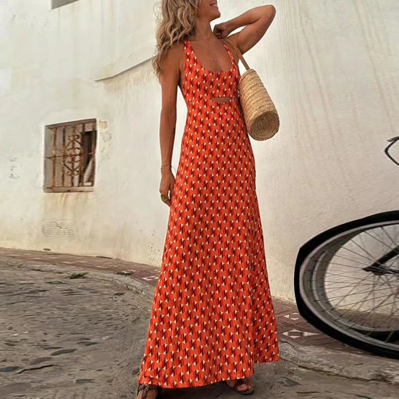 Summer Pattern Print Loose Bohemian Sleeveless Dress for Women