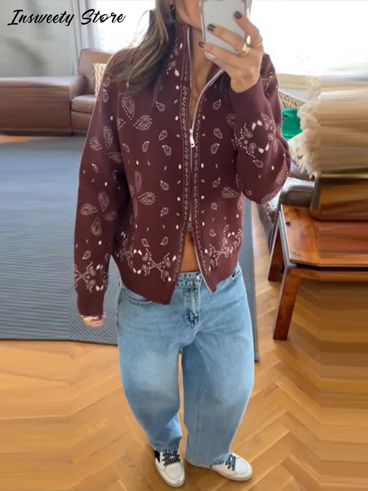 Vintage Printed Knit Stand Collar Zip Cardigan for Women