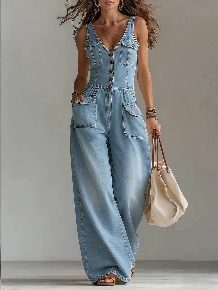 Retro V Neck High Waist Wide Leg Jumpsuit for Women