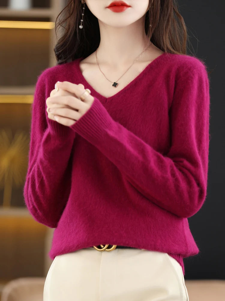 Soft Warm Loose Fit V Neck Cashmere Sweater for Women