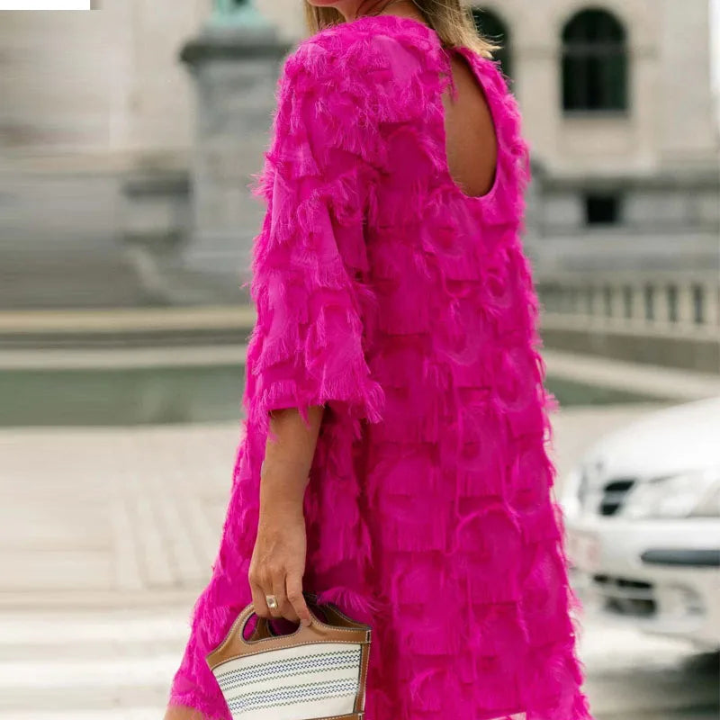Ladies O Neck Long Sleeve Solid Color Party Dress Tassel Loose Streetwear Midi Dress Elegant Temperament High Waist Office Dress