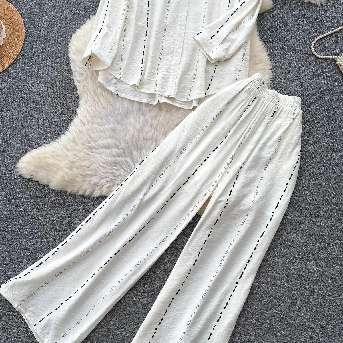 Collared Shirt and Wide Leg Pants Set